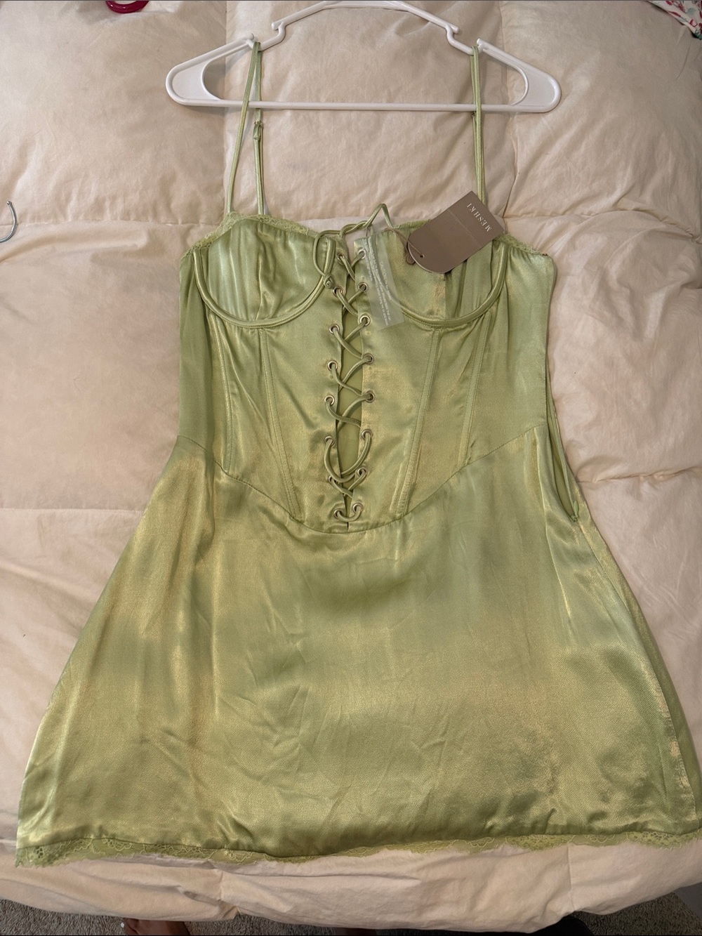 Meshki Sage Green Satin Lace-Up Slip Camisole